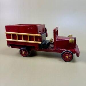 Handcrafted Vintage-Style Wooden Fire Truck Toy | Rustic Red Decor
